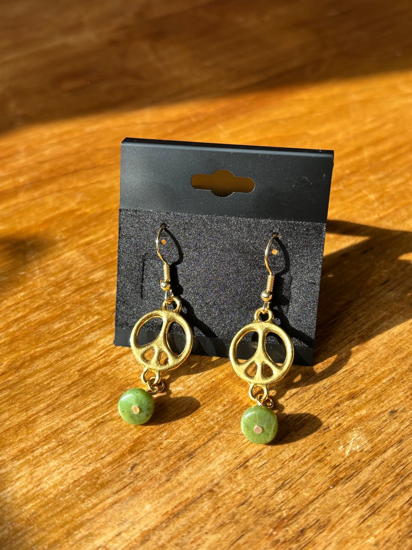 Peace Sign and Green Stone Dangle Earrings