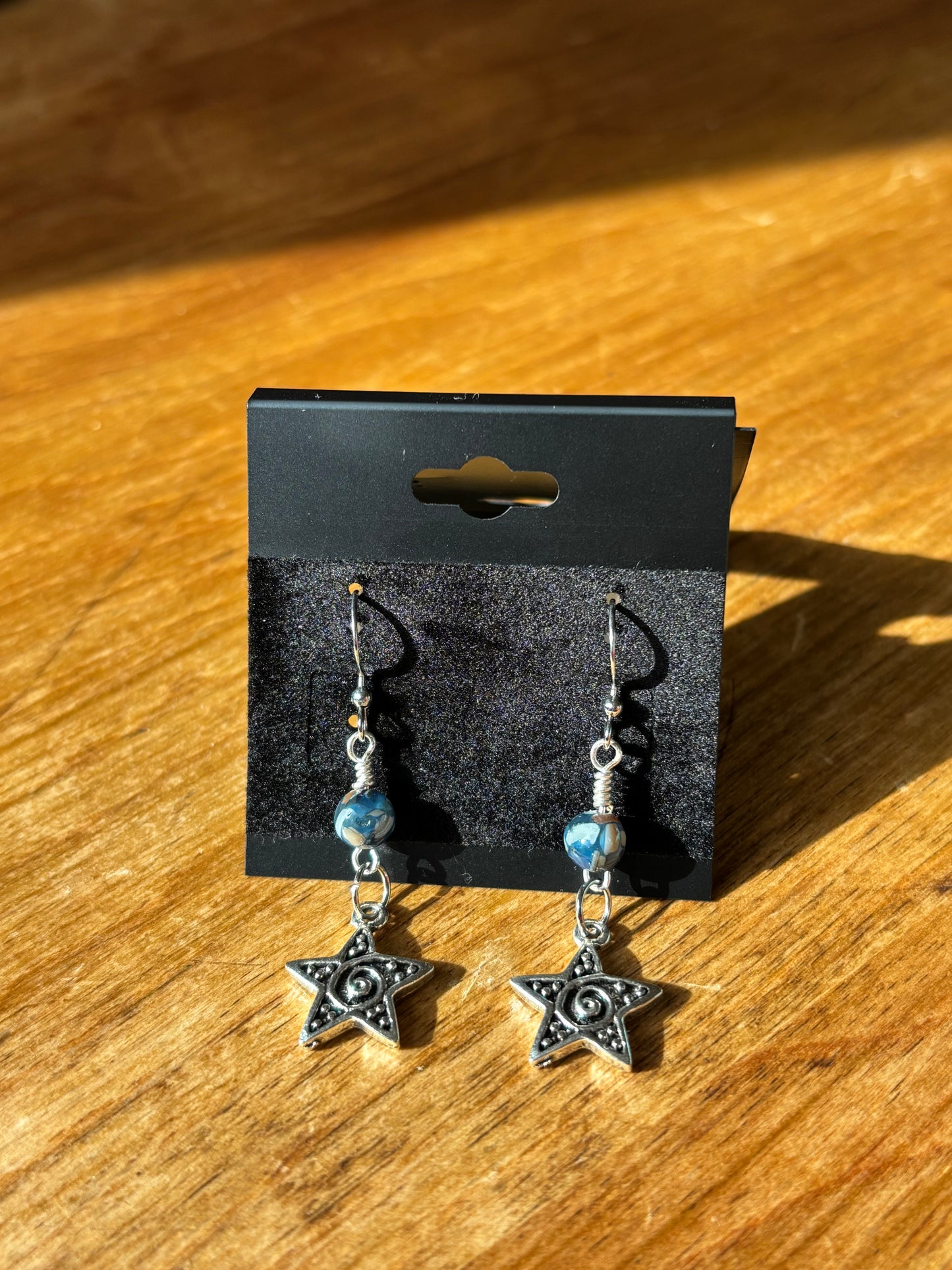 Swirly Star and Blue Stone Bead Dangle Earrings