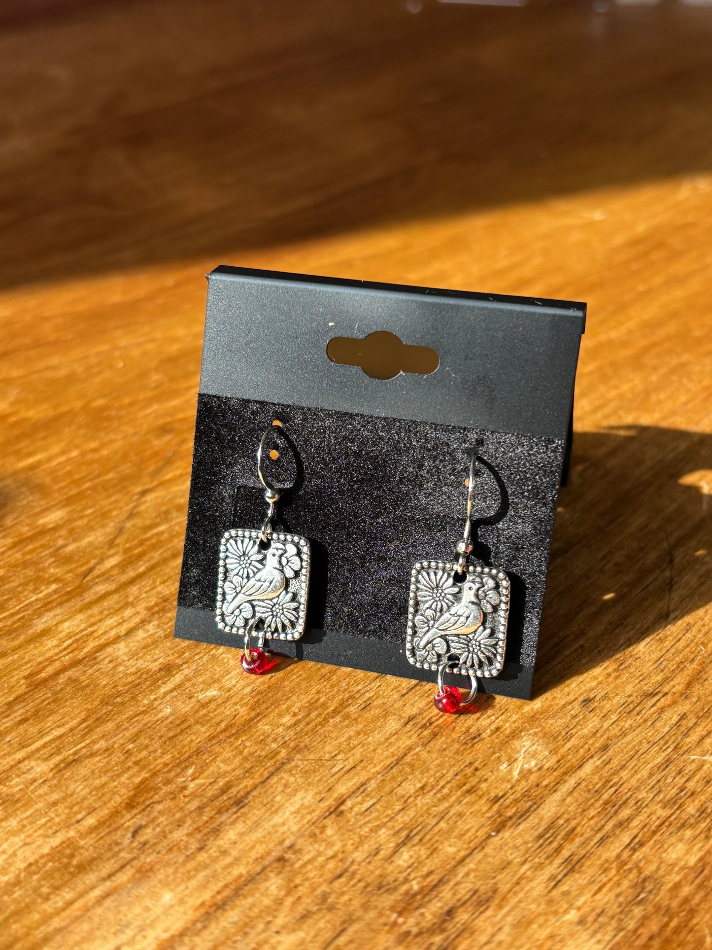 Bird and Red Bead Dangle Earrings