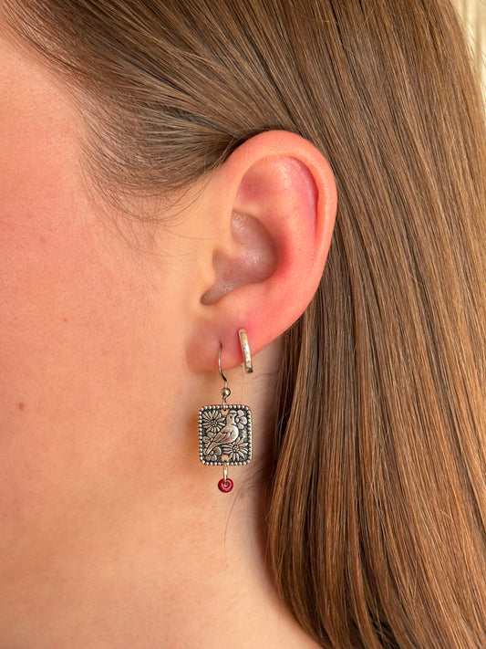 Bird and Red Bead Dangle Earrings